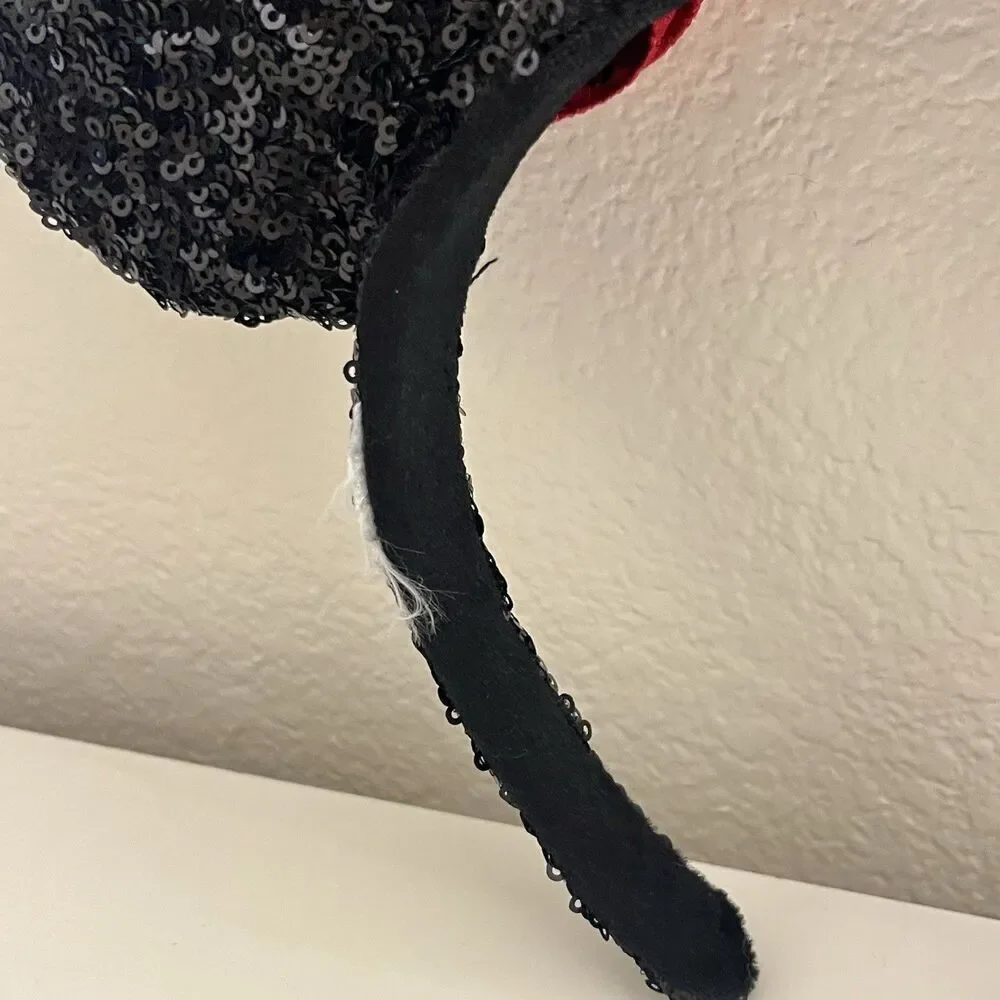 Disney Parks Minnie Mouse Black Sequin Red Bow Sequin Ears Headband